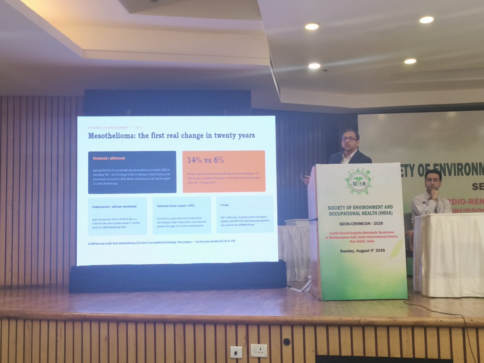Dr. Anshul Bhatnagar presenting on occupational cancer at the SEOH National Conference 2026, New Delhi